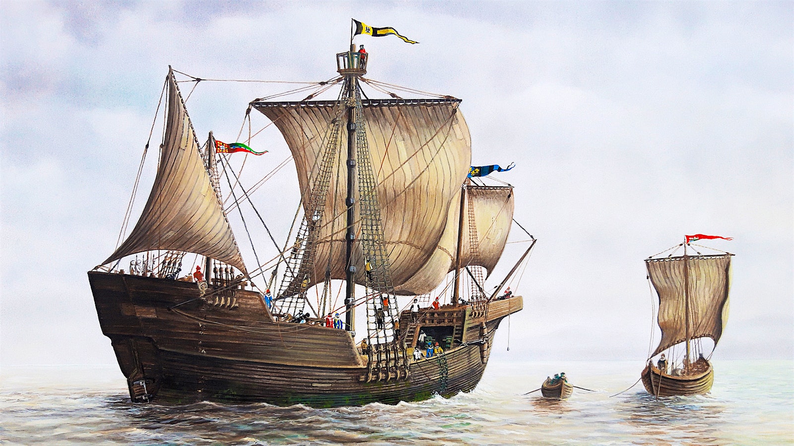 An illustration of the 15th-century Newport Ship with sails unfurled, with a pilot boat beside it and a dinghy beside it